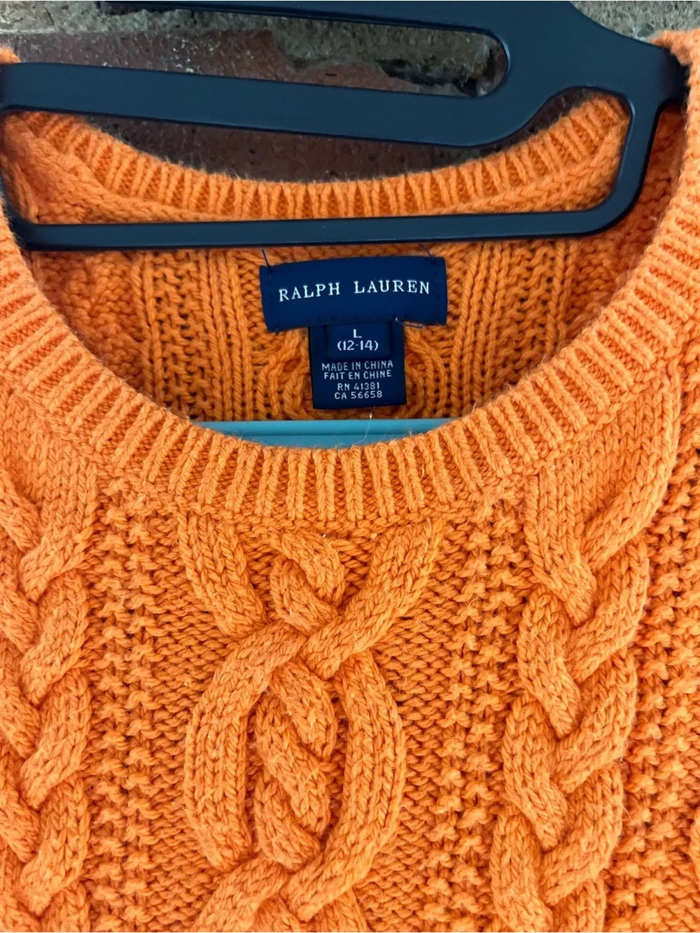 Ralph Lauren Orange Cable-Knit Crewneck Sweater Blue Label size 12/14 Girls